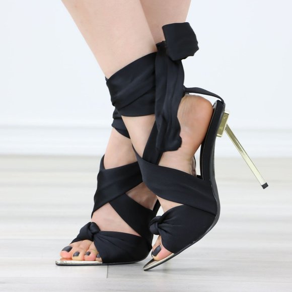 Black Open pointed Toe High Heel Ankle Strap Fabric Gold Needle Heel - Picture 10 of 12